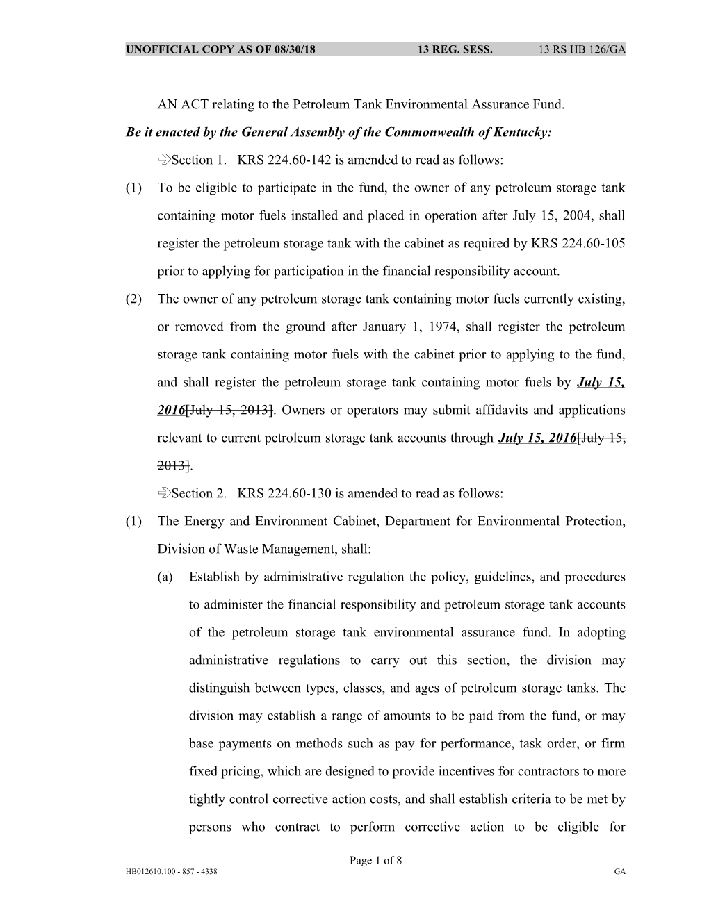 AN ACT Relating to the Petroleum Tank Environmental Assurance Fund