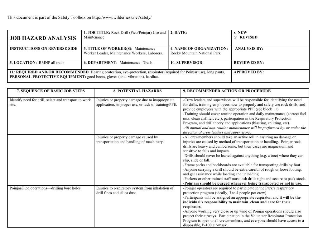 Job Hazard Analysis - Rock Drill Use and Maintenance