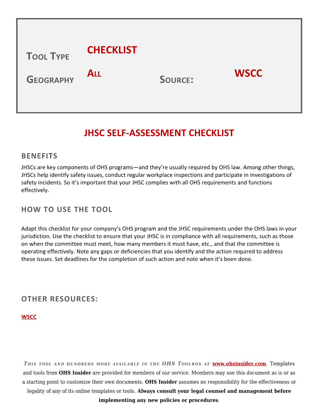 Jhsc Self-Assessment Checklist