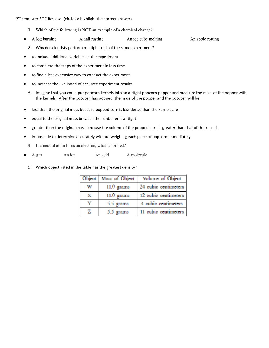 2Nd Semester EOC Review (Circle Or Highlight the Correct Answer)