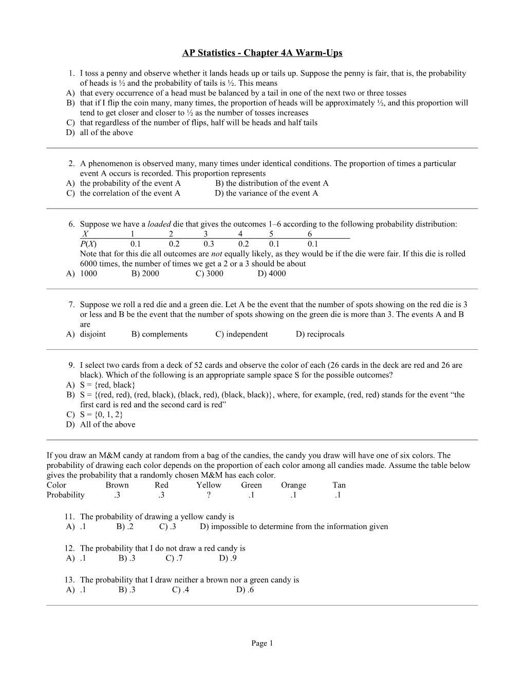 AP Statistics - Chapter 4A Warm-Ups