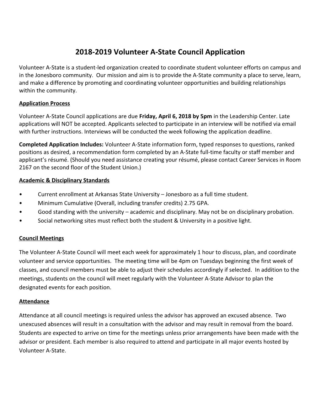 2018-2019 Volunteer A-State Council Application