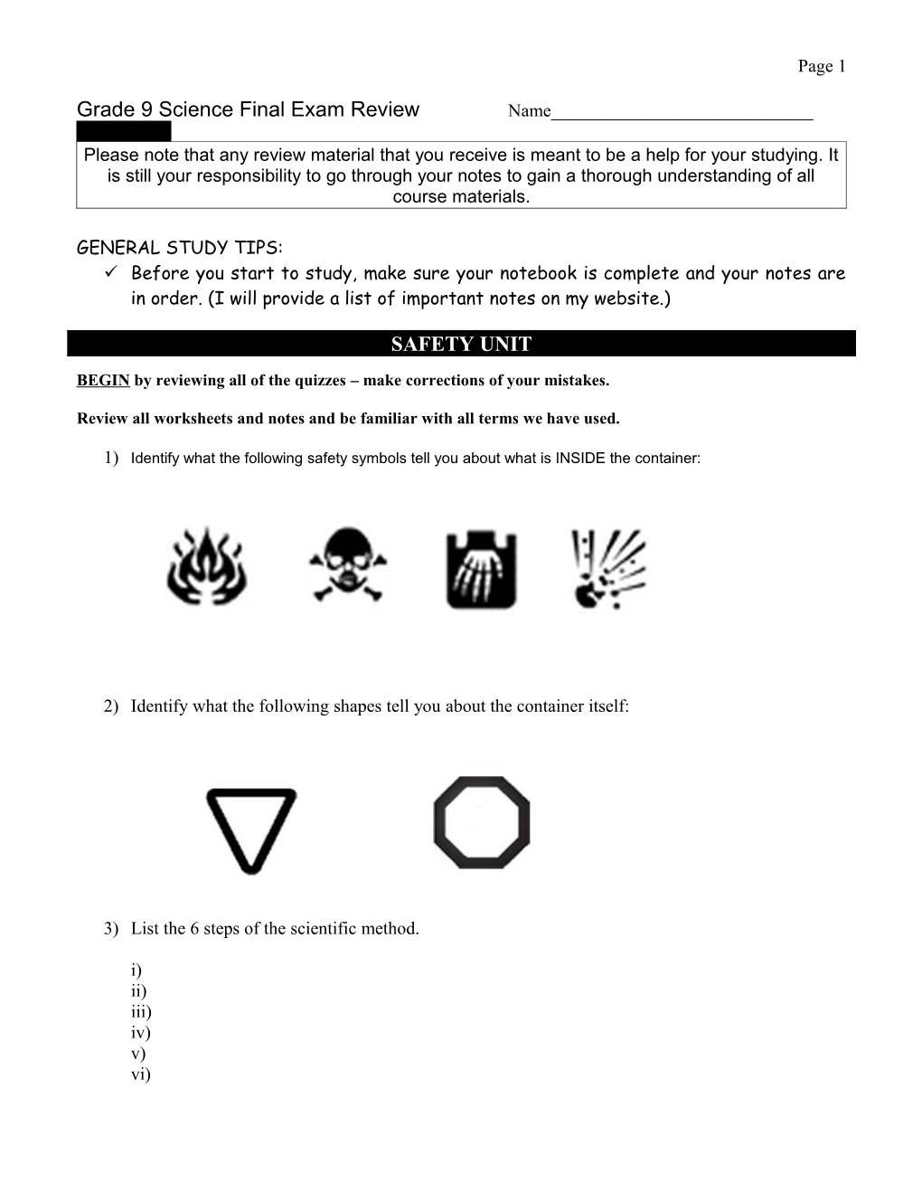 Grade 9 Science Final Exam Review Name______