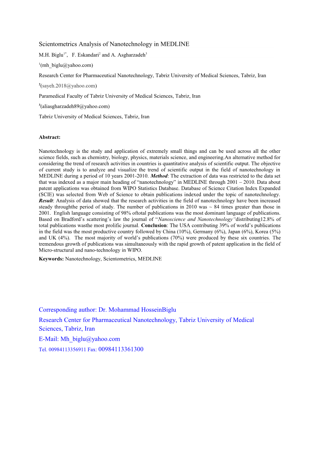 Scientometrics Analysis of Nanotechnology in MEDLINE