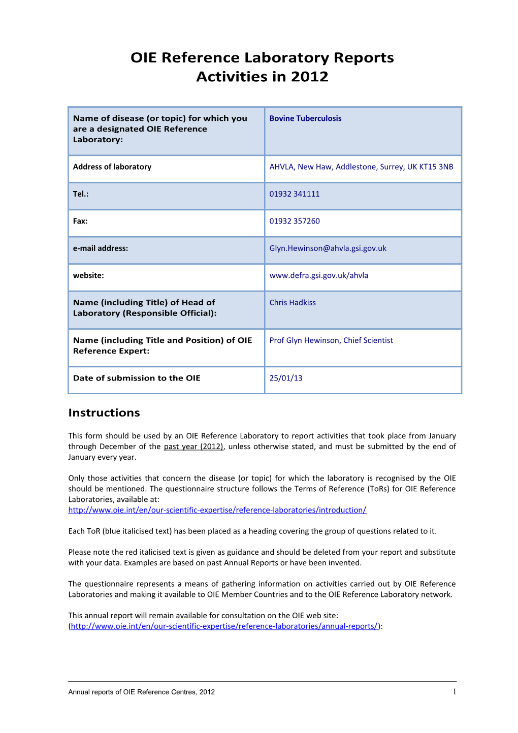 OIE RL for Bovine Tuberculosis Prof Glyn Hewinson United Kingdom