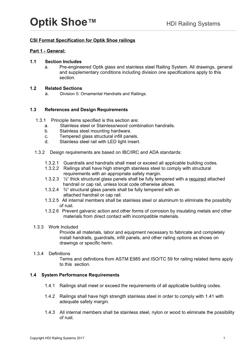 CSI Format Specification for Optik Shoe Railings