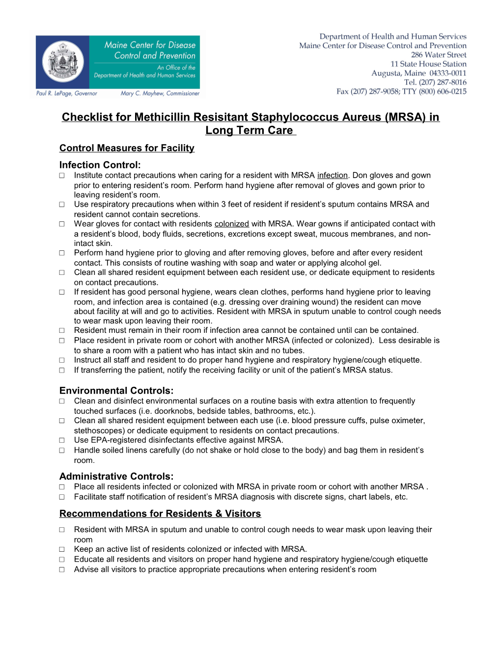 Norovirus Outbreak Guidance for Long Term Care Checklist