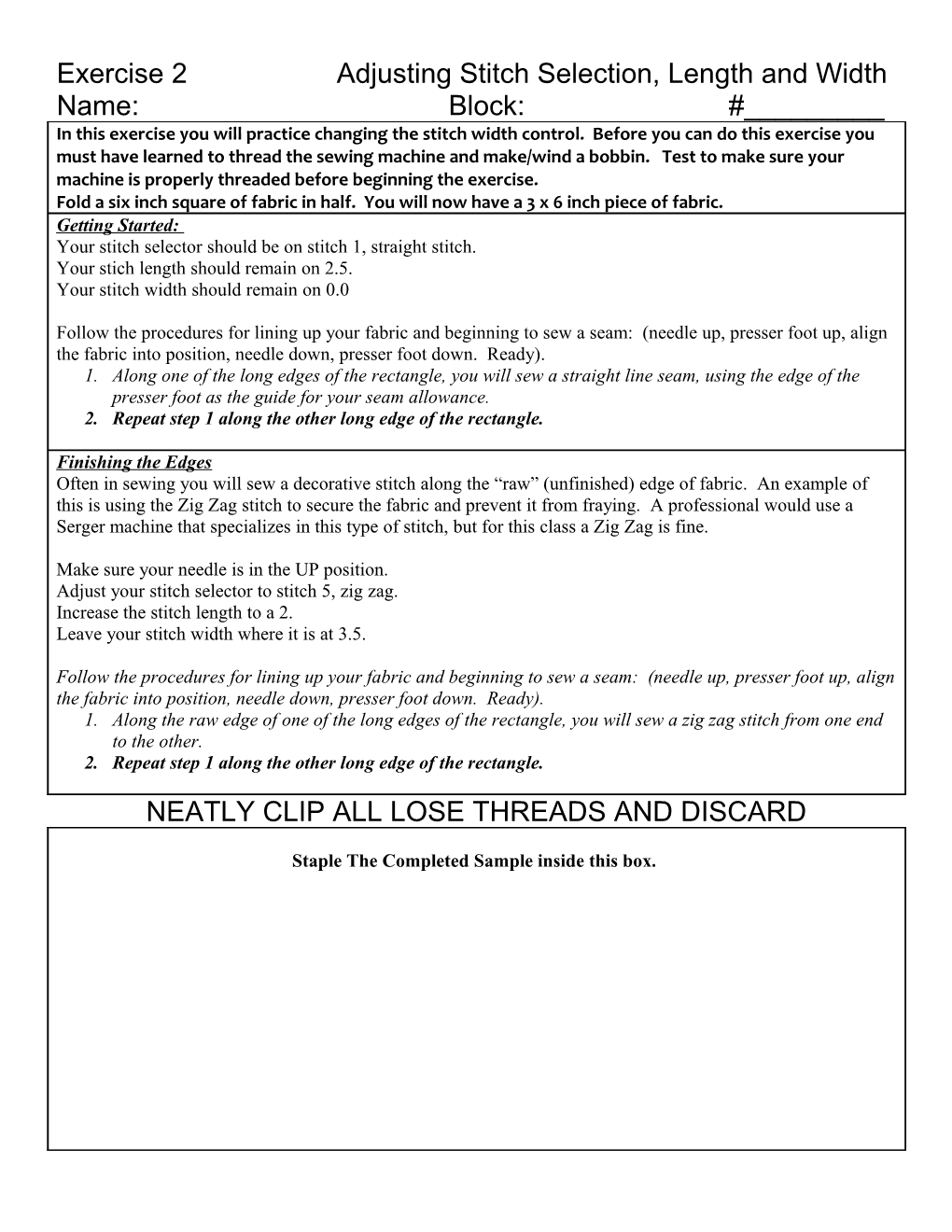 Exercise 2 Adjusting Stitch Selection, Length and Width