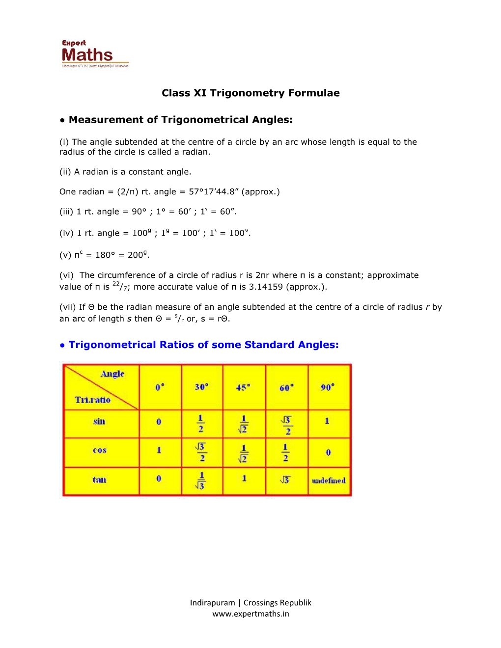 Classxitrigonometry Formulae