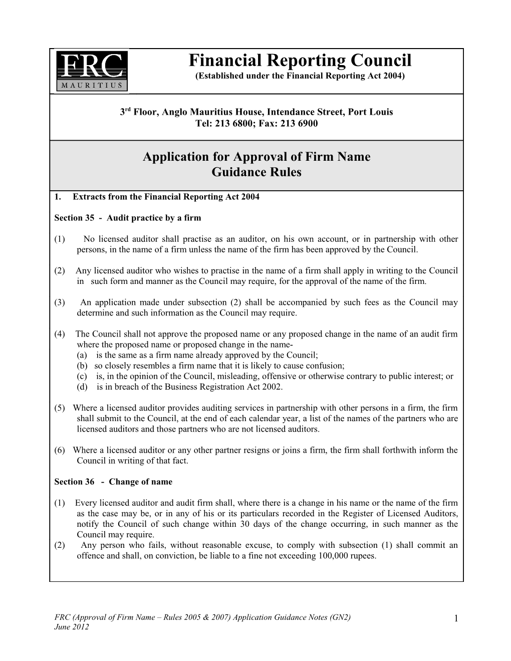 FRC(Approval of Firm Name Rules 2005 & 2007) Application Guidance Notes (GN2)