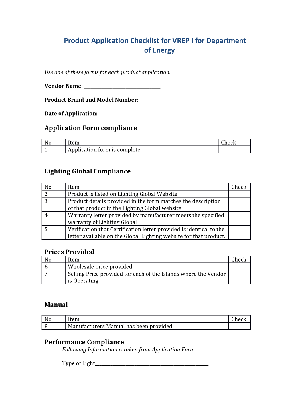 Product Application Checklist for VREP I for Department of Energy