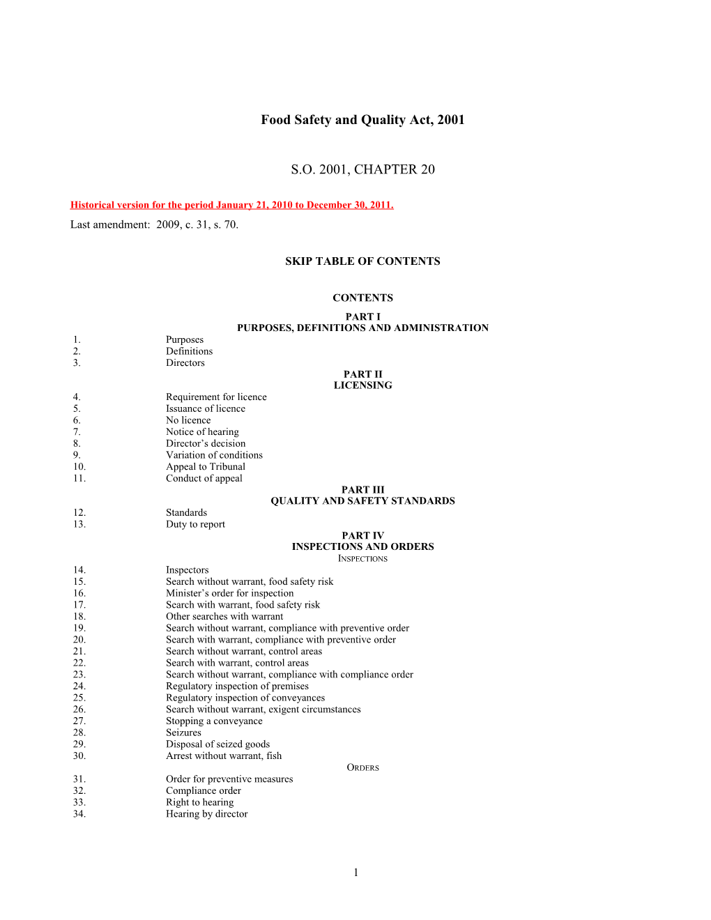 Food Safety and Quality Act, 2001, S.O. 2001, C. 20