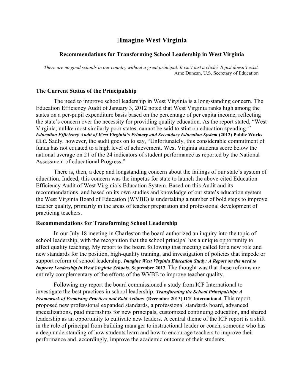 Recommendations for Transforming School Leadership in West Virginia