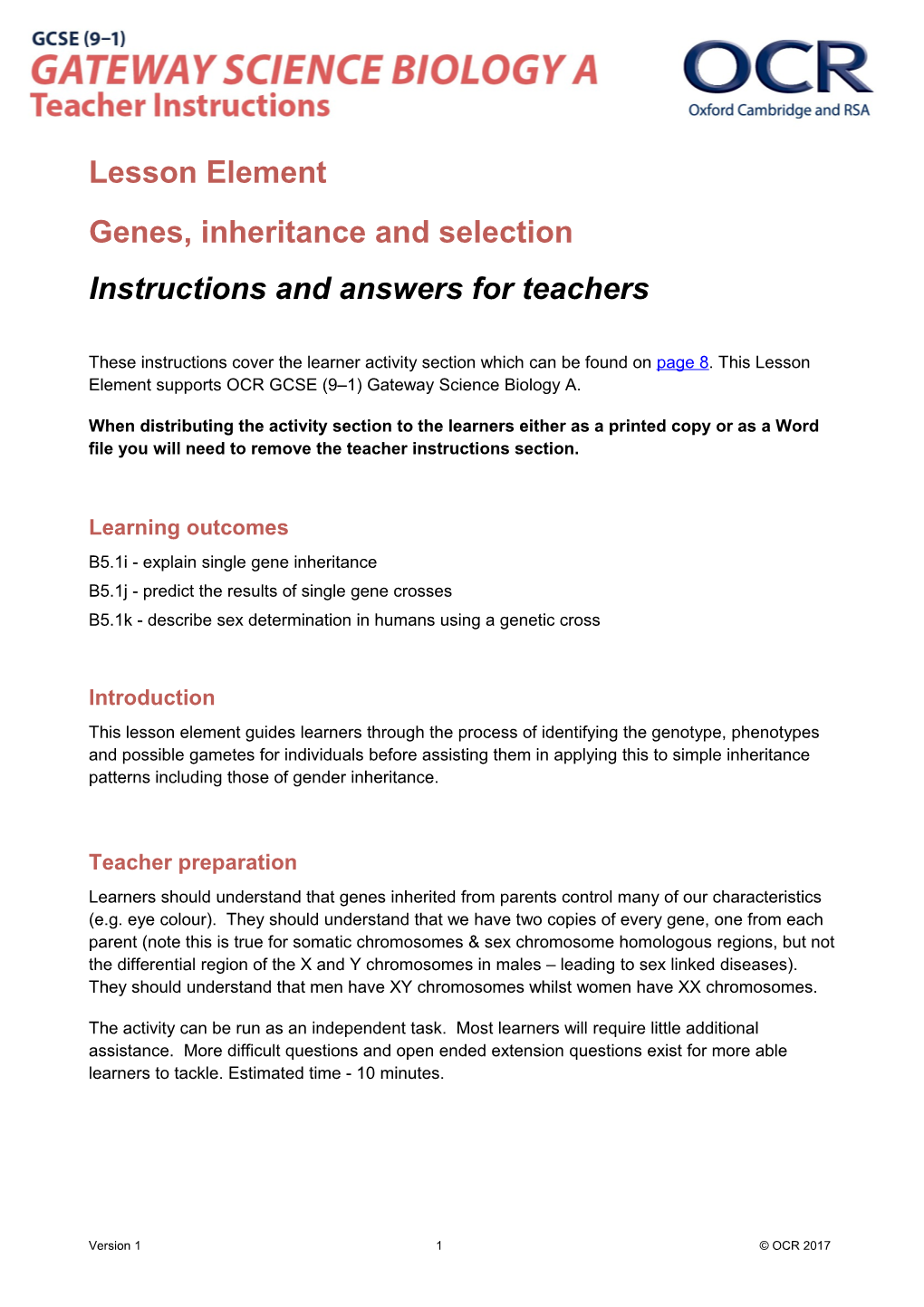 OCR GCSE (9-1) Gateway Science Biology a Genes, Inheritance and Selection Lesson Element