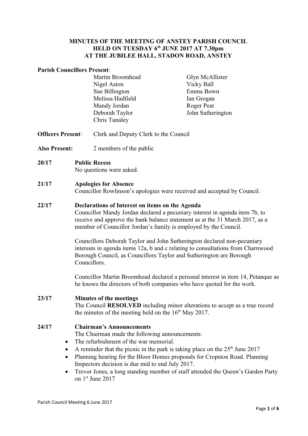 Minutes of Meeting of Anstey Parish Council