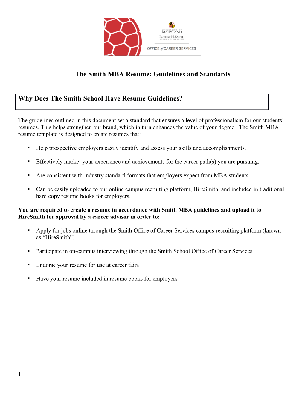 The Smith MBA Resume: Guidelines and Standards