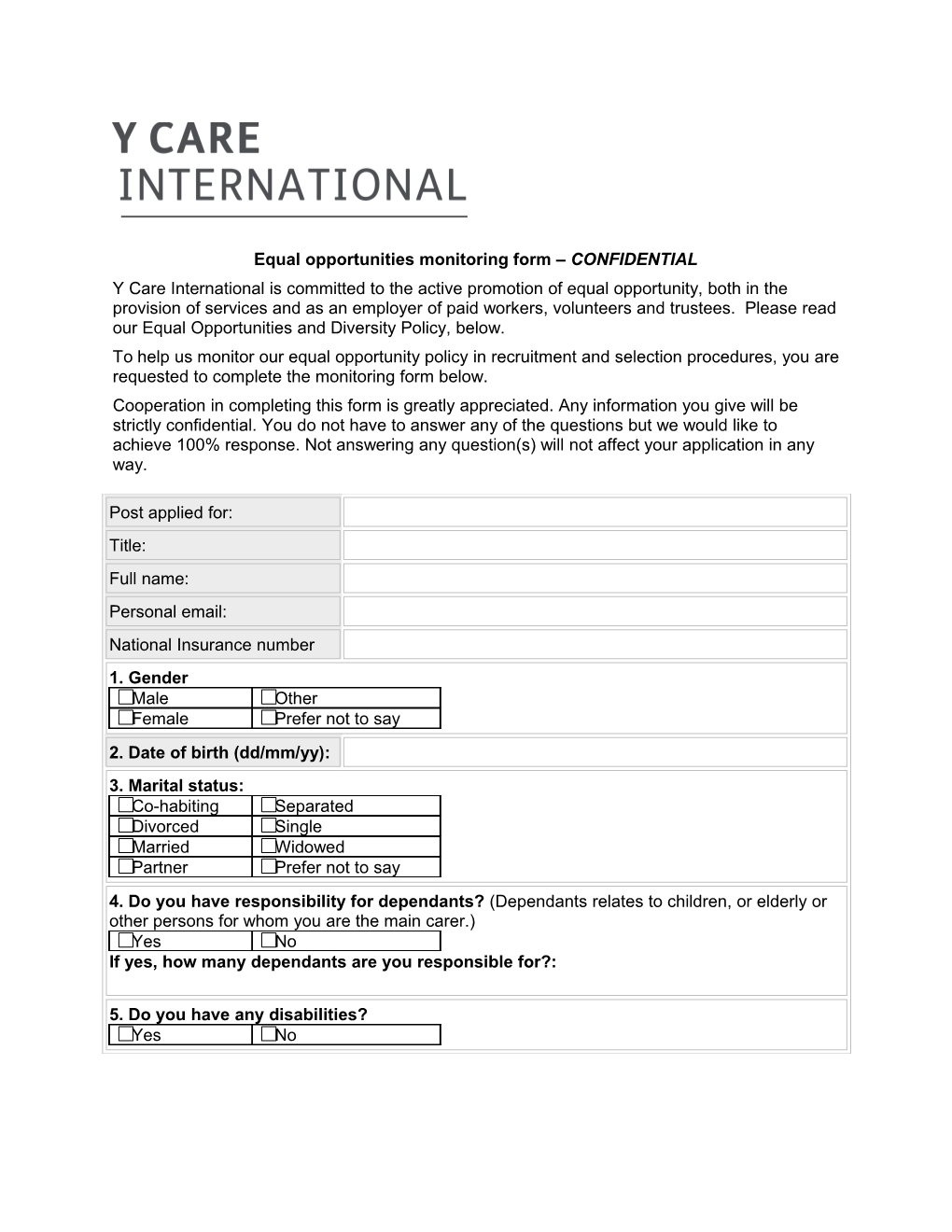 Equal Opportunities Monitoring Form CONFIDENTIAL