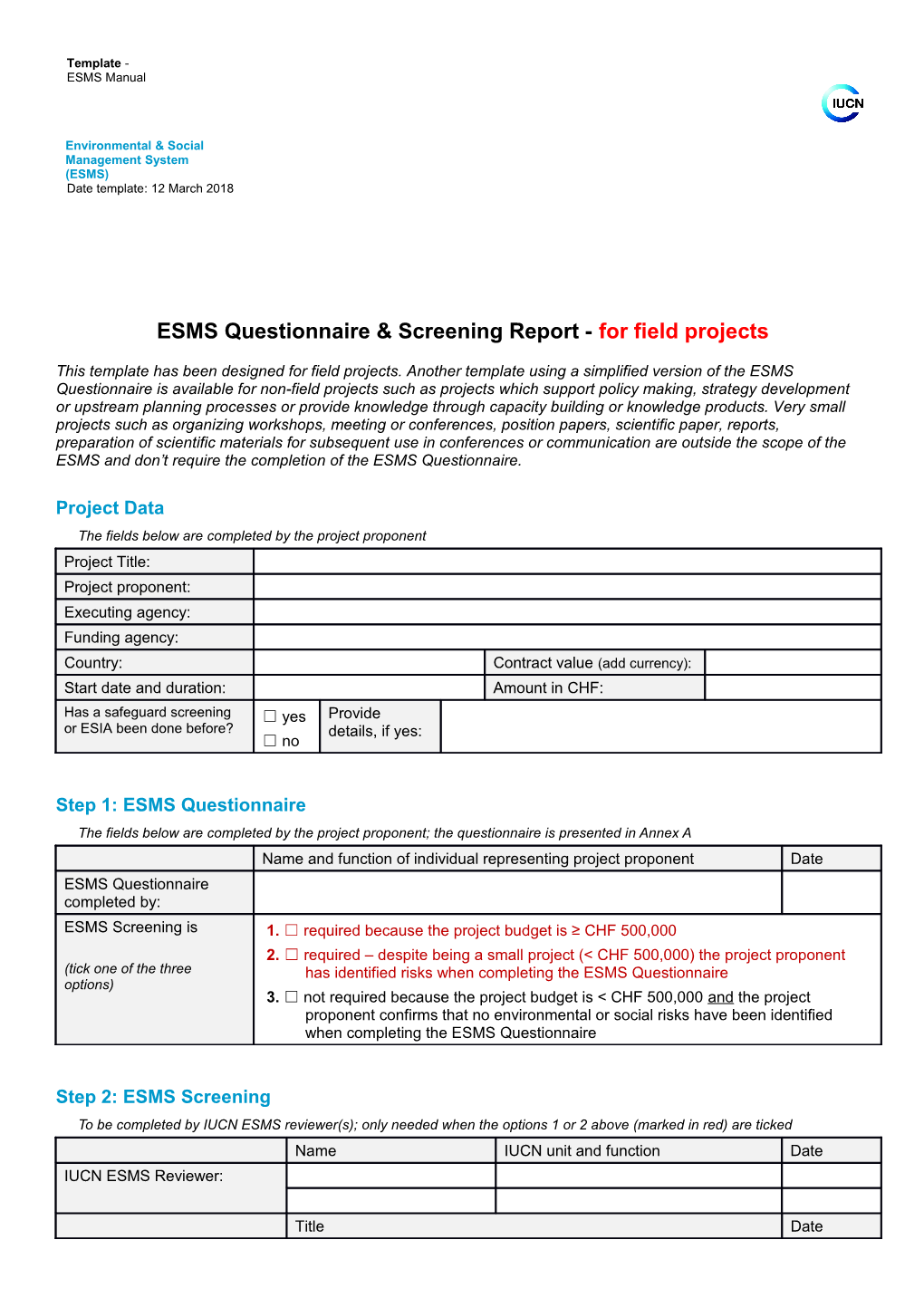 ESMS Questionnaire Screening Report - for Field Projects