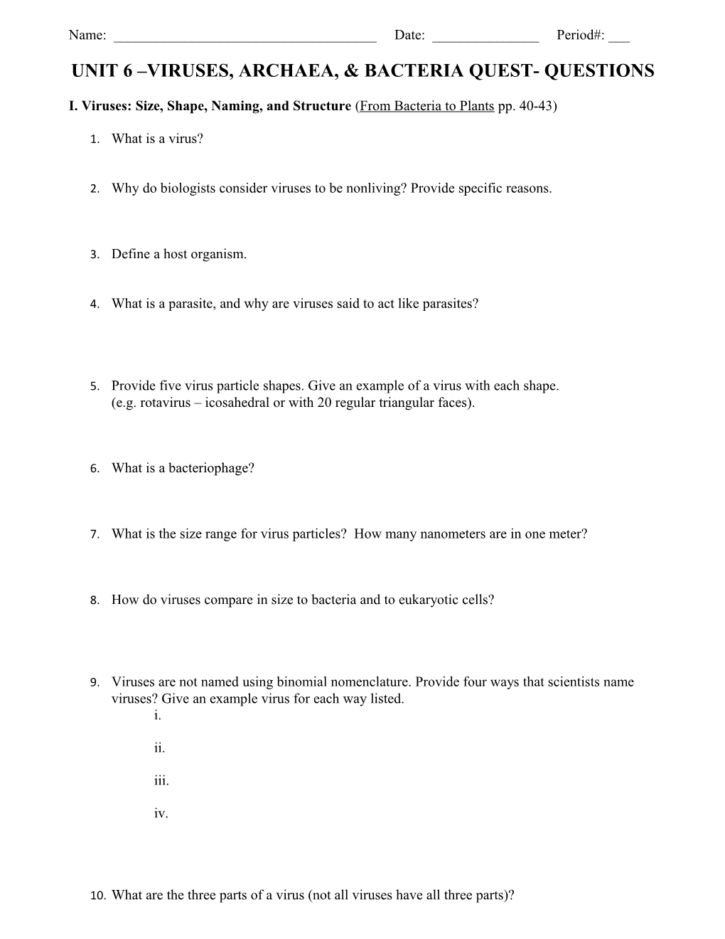 Unit 6 Viruses, Archaea, & Bacteria Quest- Questions