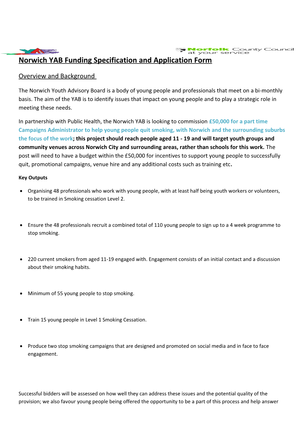 Norwich YAB Funding Specification and Application Form