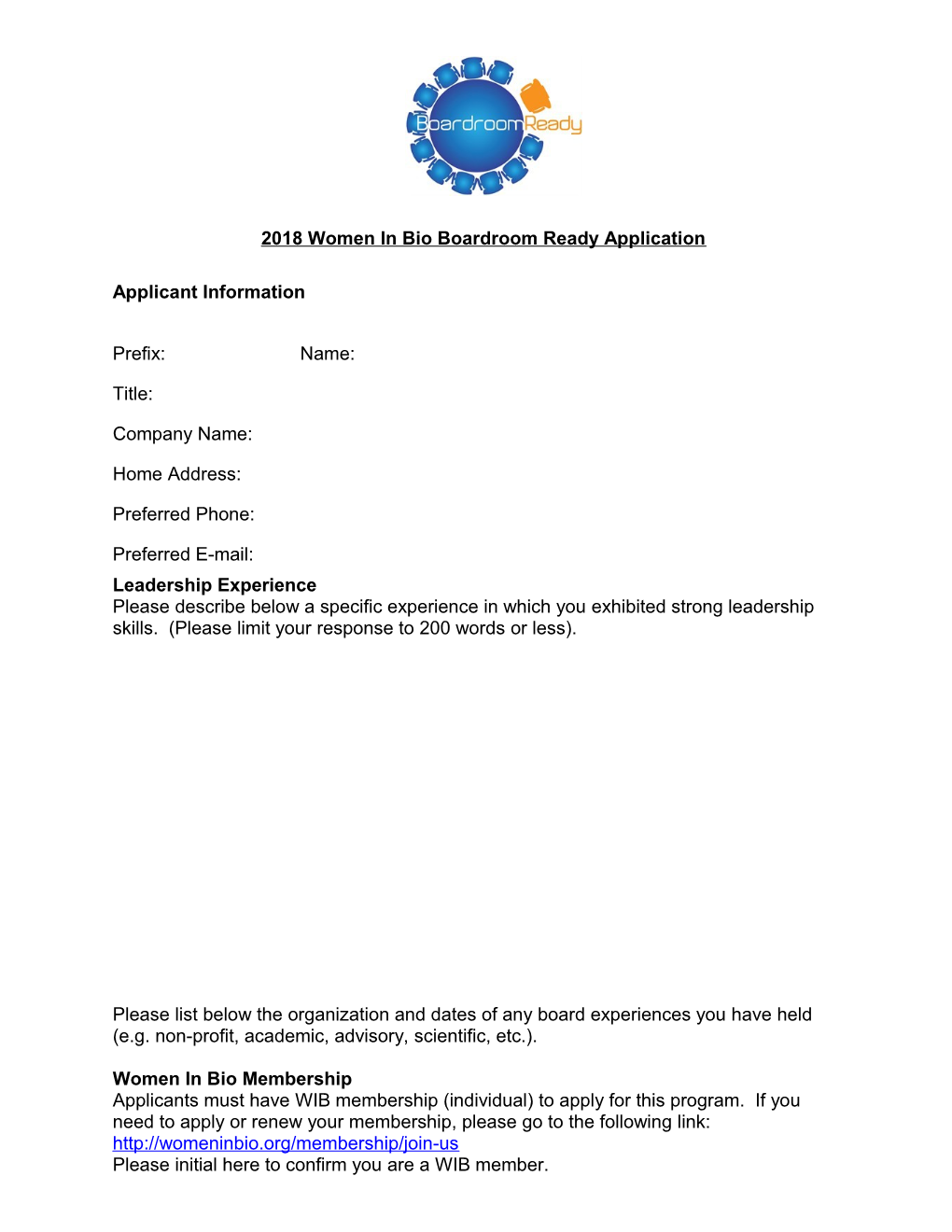 2018 Women in Bio Boardroom Ready Application