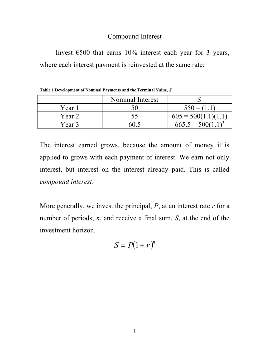 Table 1 Development of Nominal Payments and the Terminal Value, S