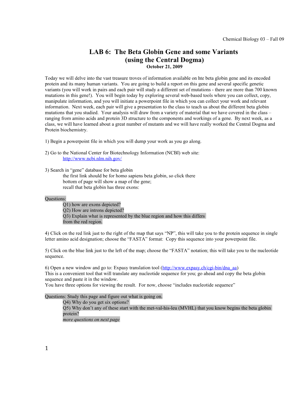 LAB 6: the Beta Globin Gene and Some Variants