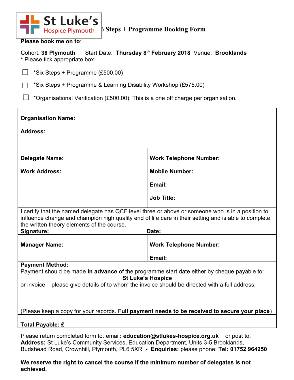 Six 6 Steps + Programmebooking Form