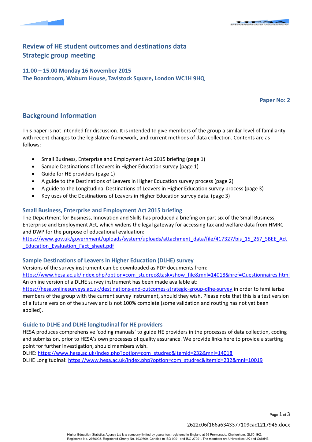 Review of HE Student Outcomes and Destinations Data