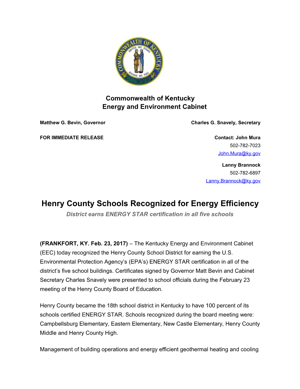 Henry County Schools Recognized for Energy Efficiency