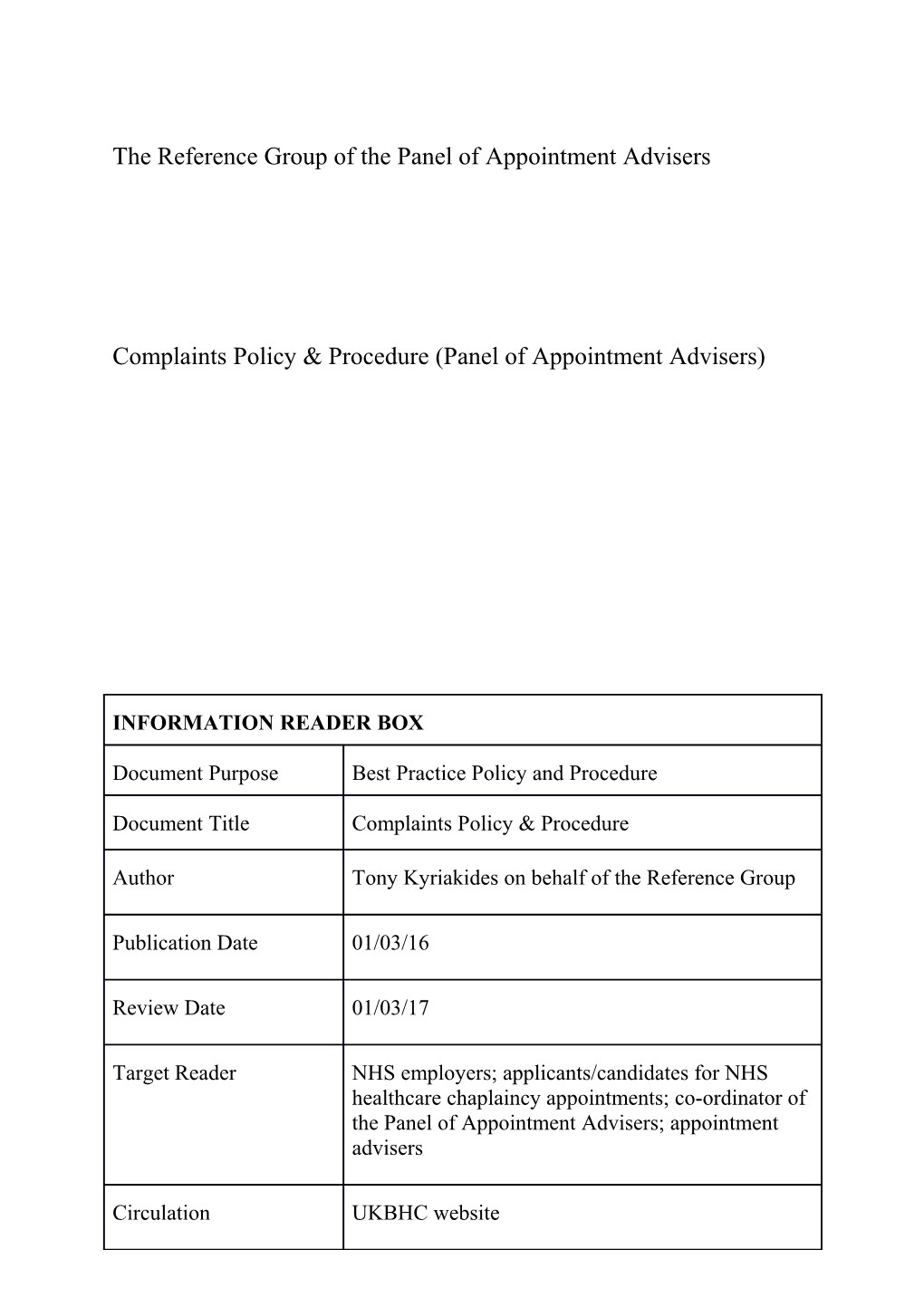 The Reference Group of the Panel of Appointment Advisers