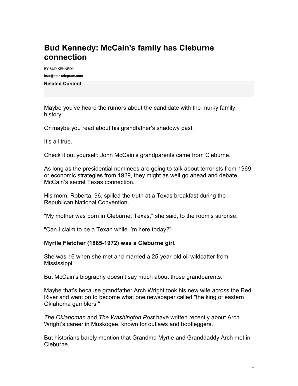 Bud Kennedy: Mccain's Family Has Cleburne Connection