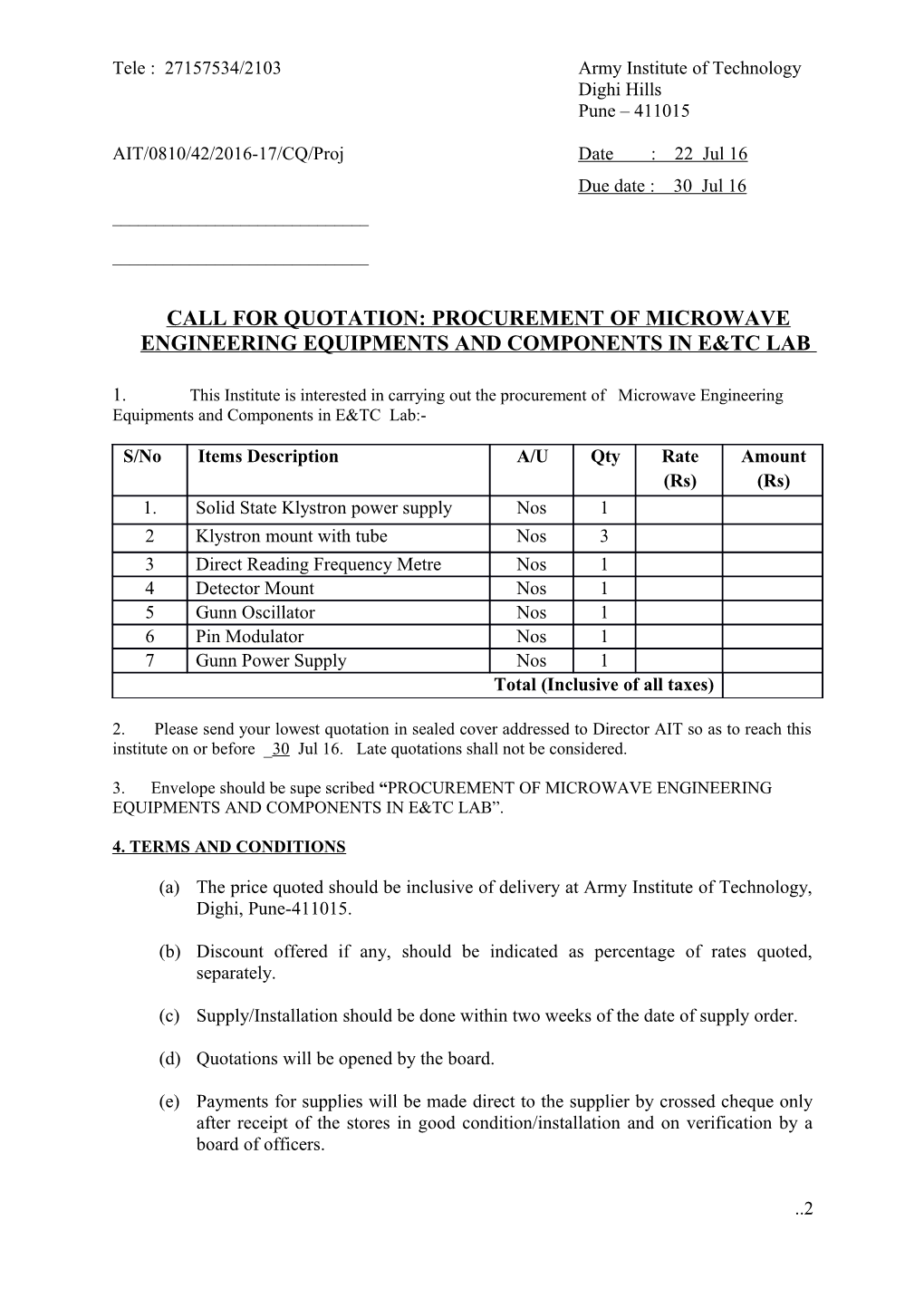 Tele : 27157534/2103 Army Institute of Technology