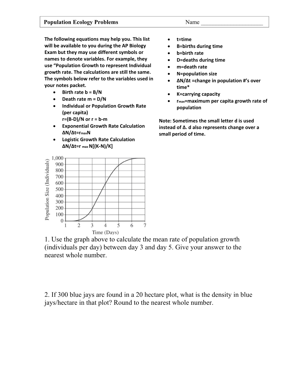 1. Use the Graph Above to Calculate the Mean Rate of Population Growth (Individuals Per