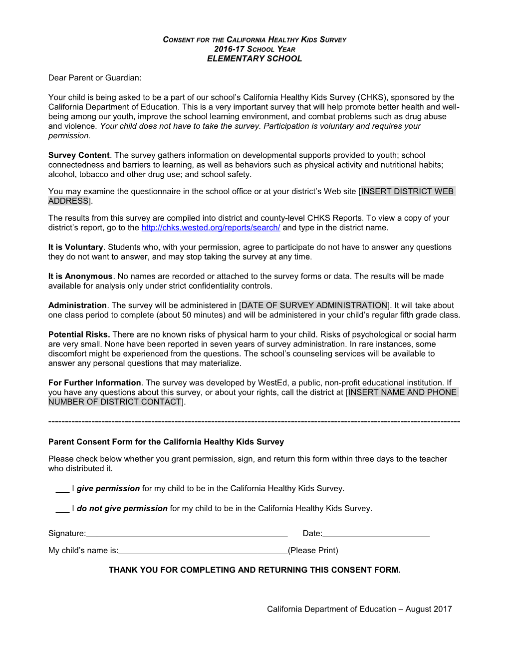 CHKS Active Consent Form Elementary - Alcohol, Tobacco & Other Drug Prevention (CA Dept