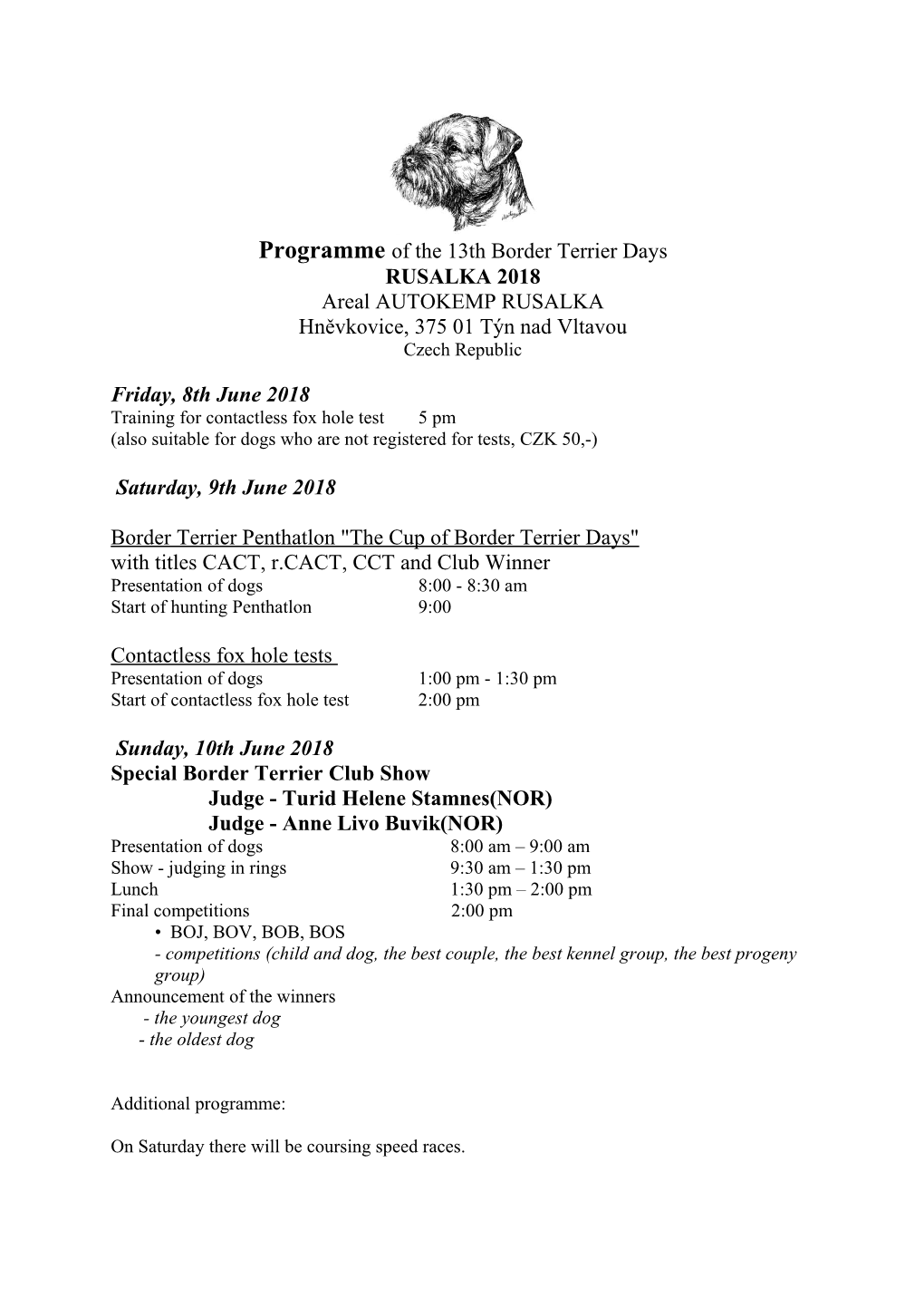 Programme of the 13Th Border Terrier Days