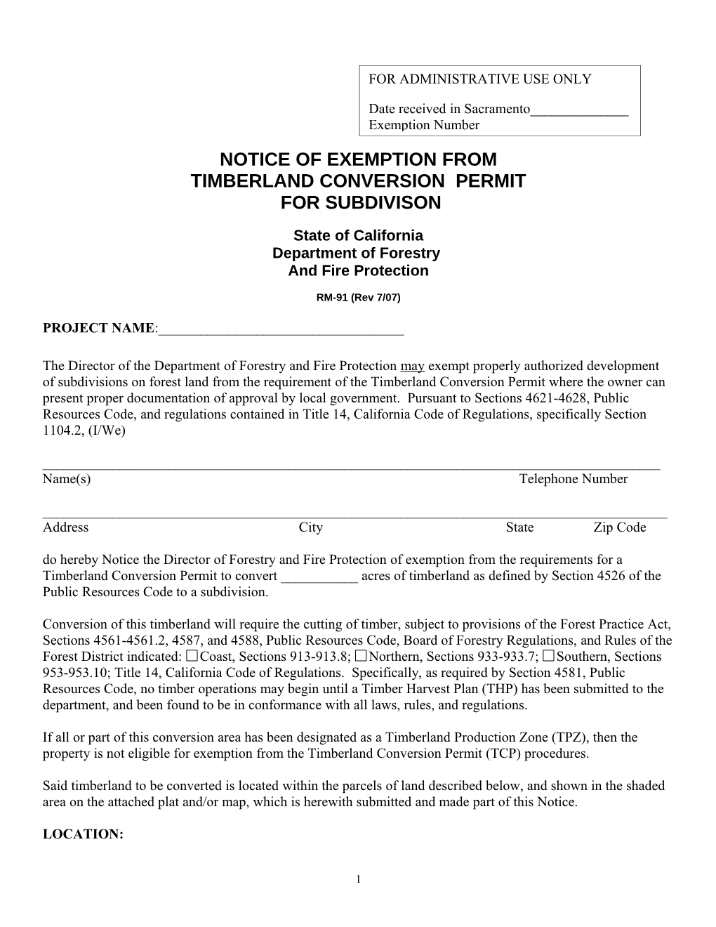 Notice of Exemption from Timberland Conversion Permit for Subdivison