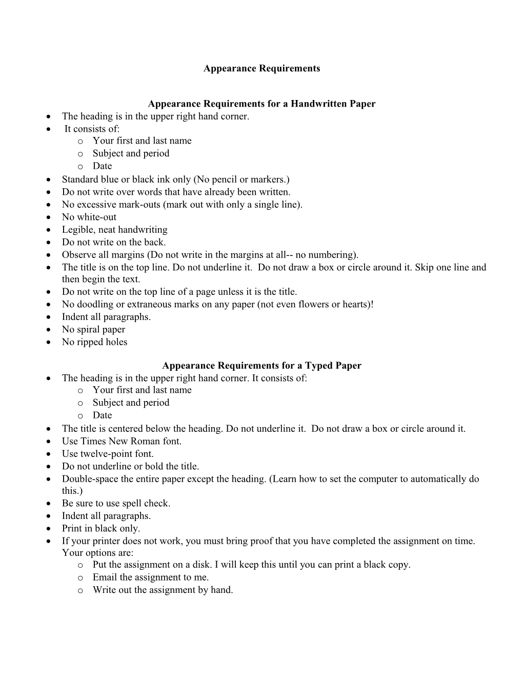 Appearance Requirements for a Handwritten Paper