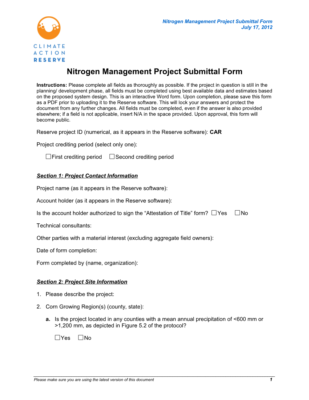 Nitrogen Management Project Submittal Form