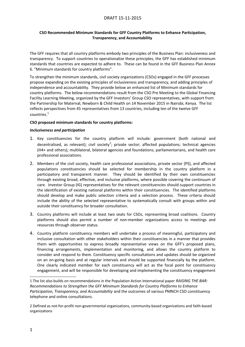 CSO Proposed Minimum Standards for Country Platforms