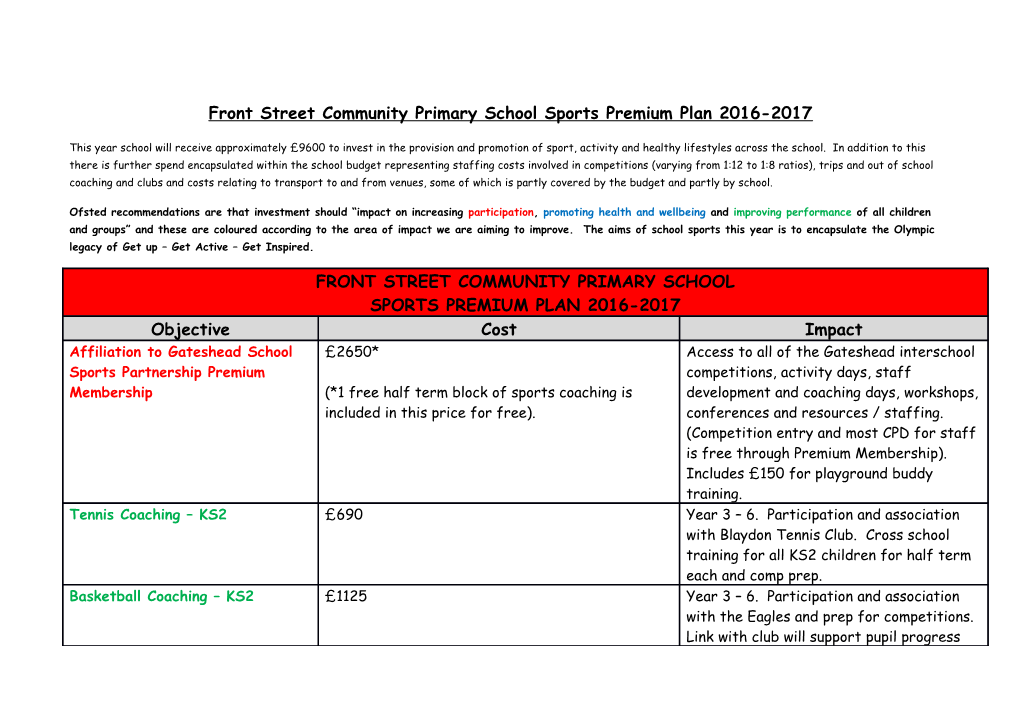 Front Street Community Primary School Sports Premium Plan 2016-2017