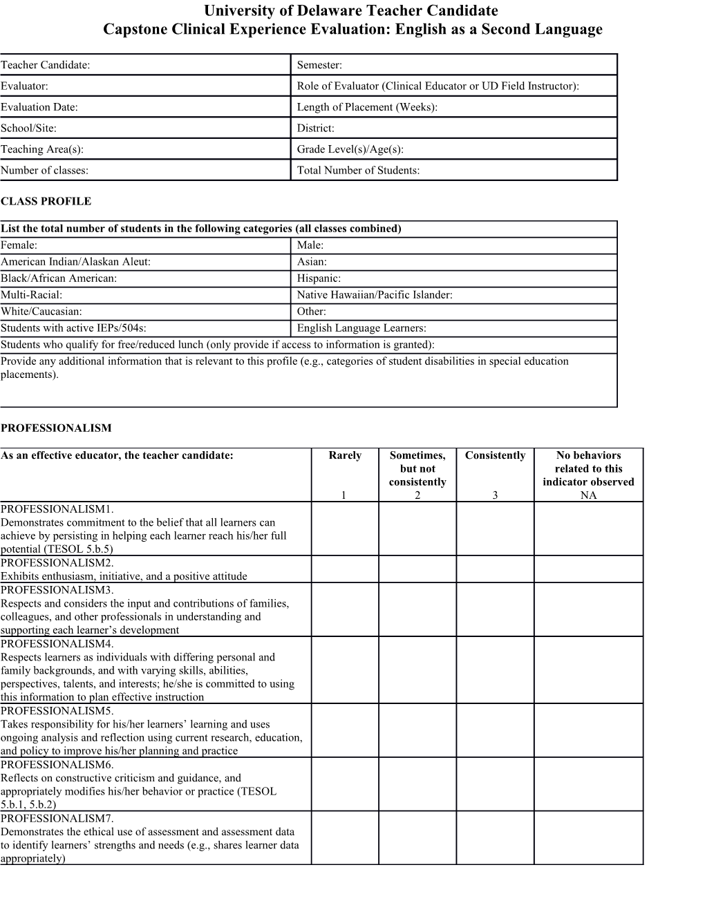 University of Delaware Final Student Teacher Evaluation