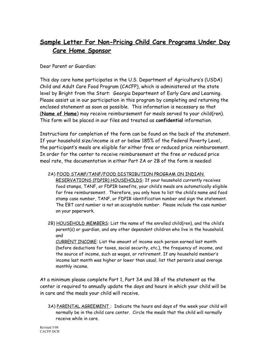 Sample Letter for Non-Pricing & Pricing Child/Adult Care Programs