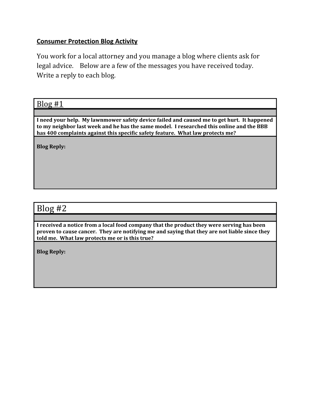 Consumer Protection Blog Activity