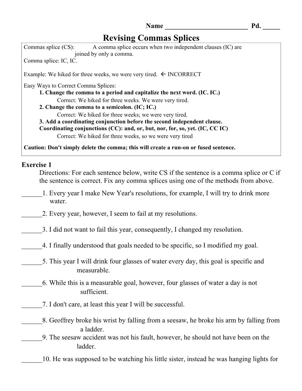 Revising Commas Splices