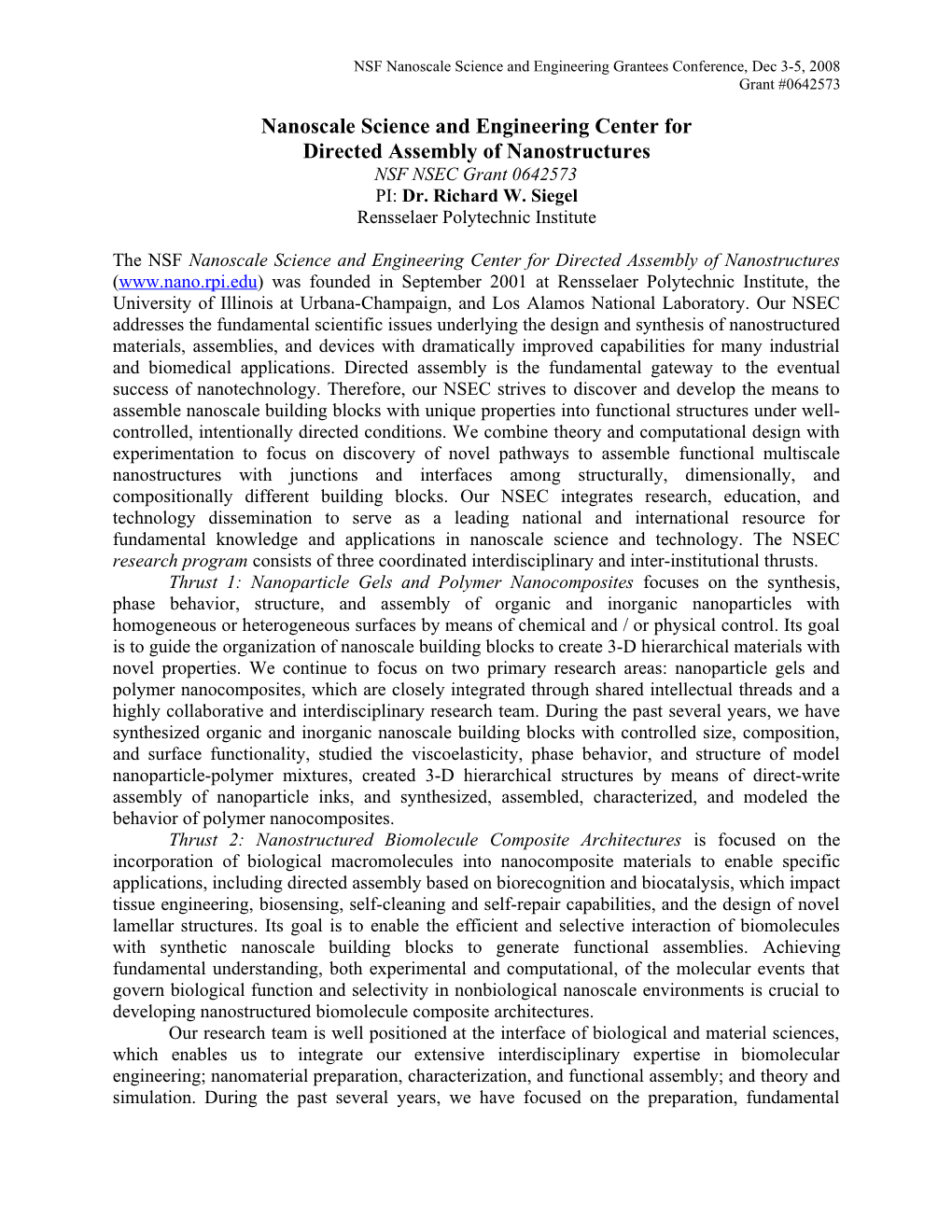 Nanoscale Science and Engineering Center Fordirected Assembly of Nanostructures