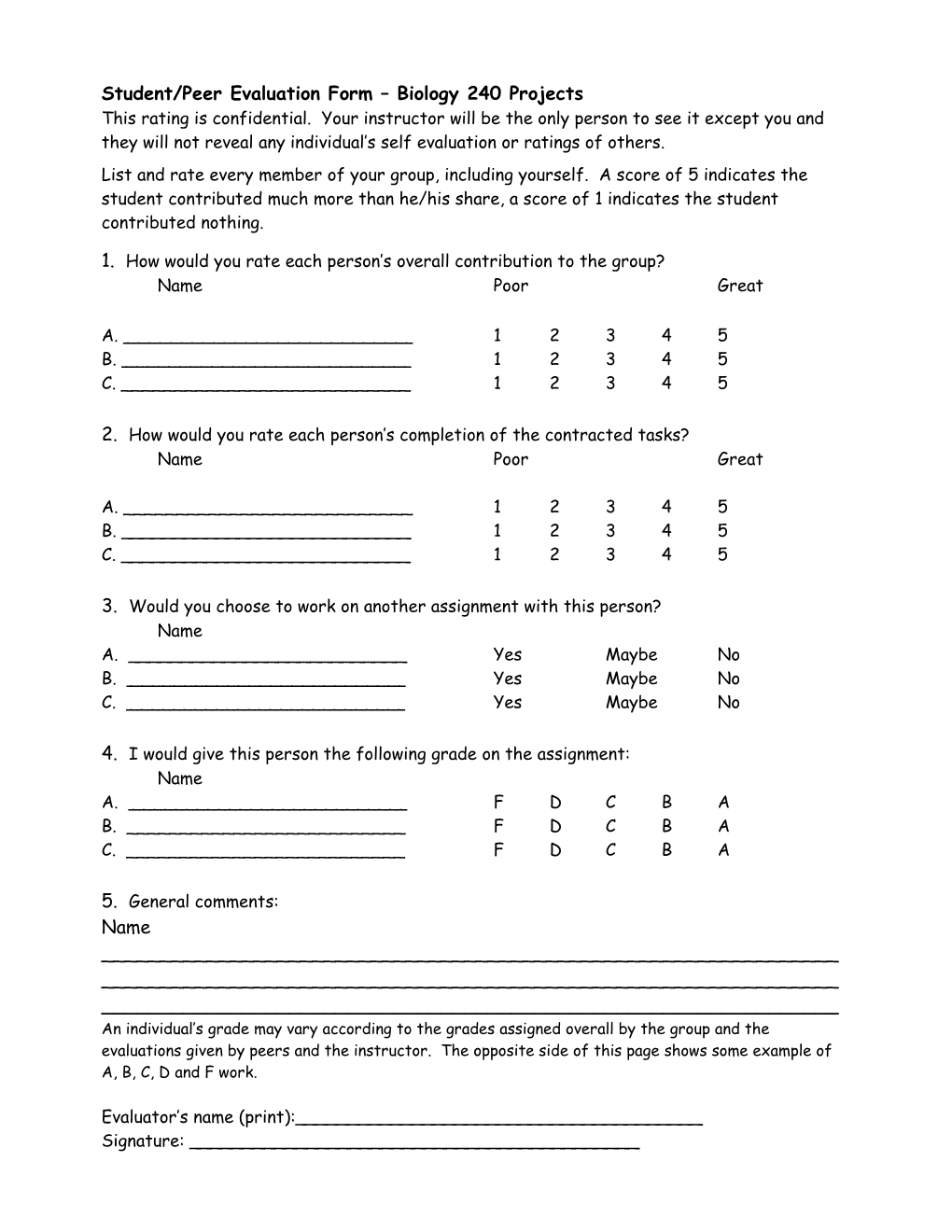 Student/Peer Evaluation Form