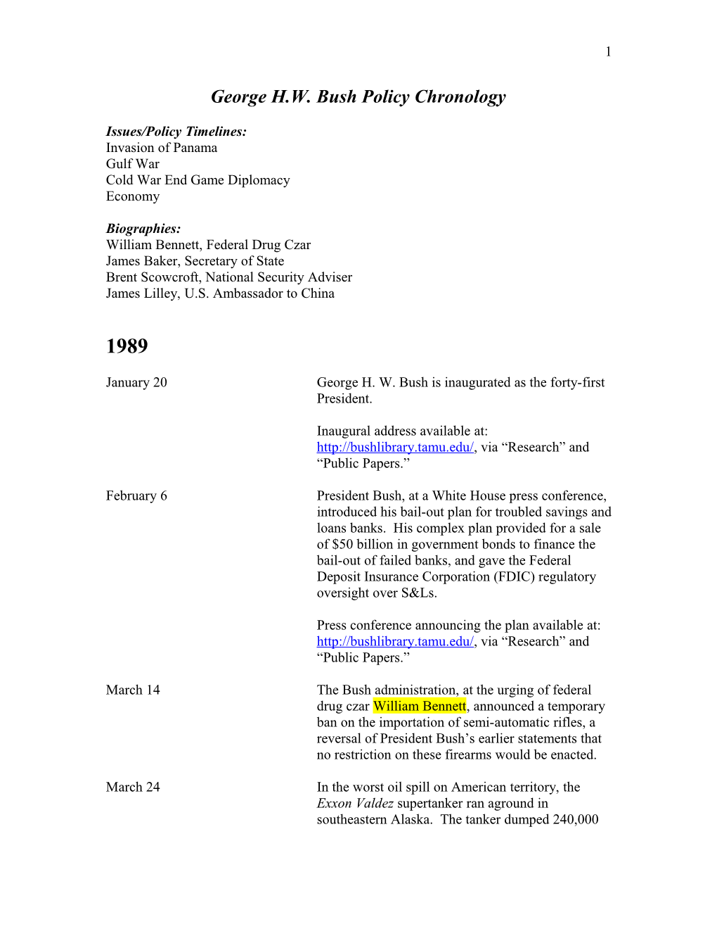 George H.W. Bush Policy Chronology