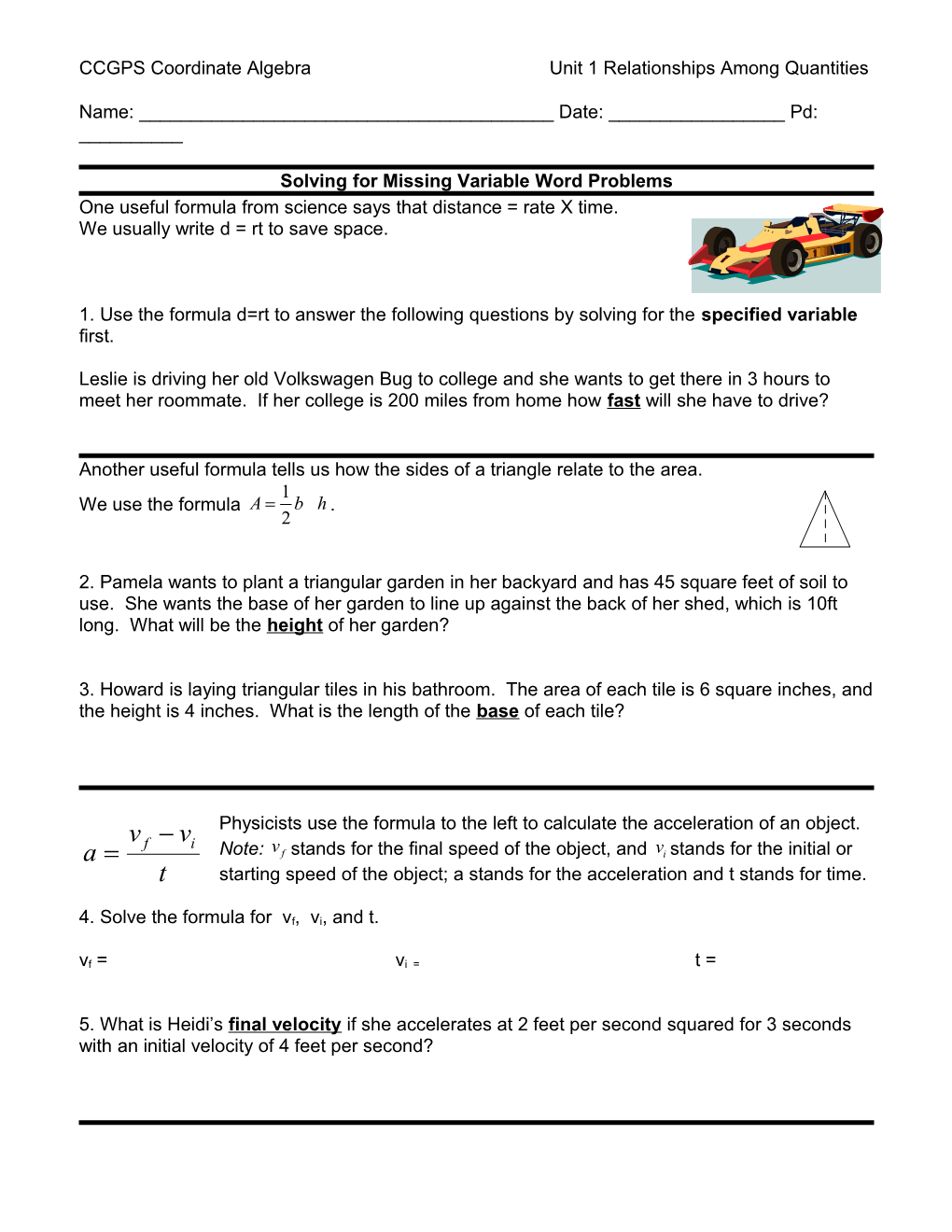 Solving for Missing Variable Word Problems