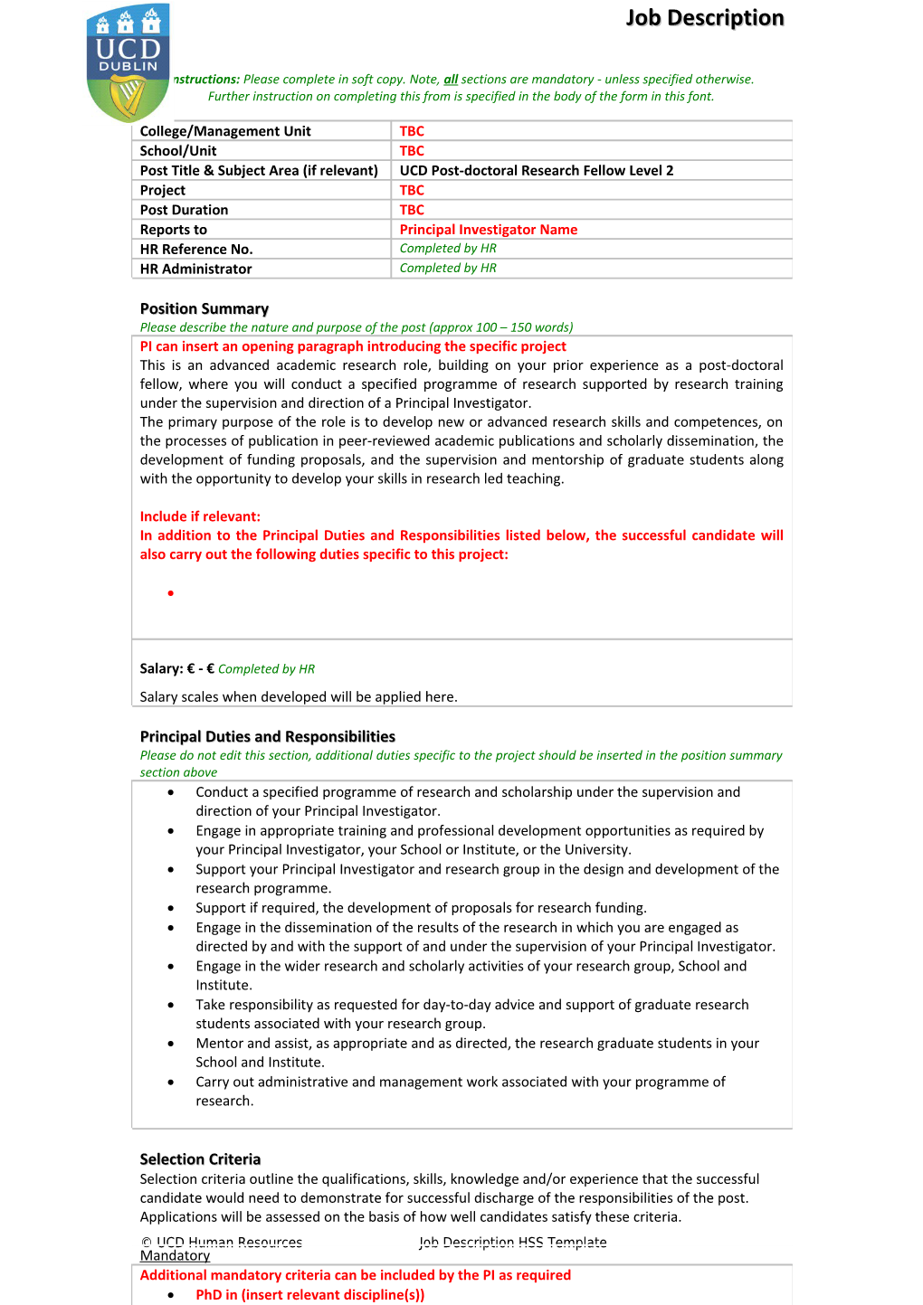 UCD Human Resources Job Description HSS Template